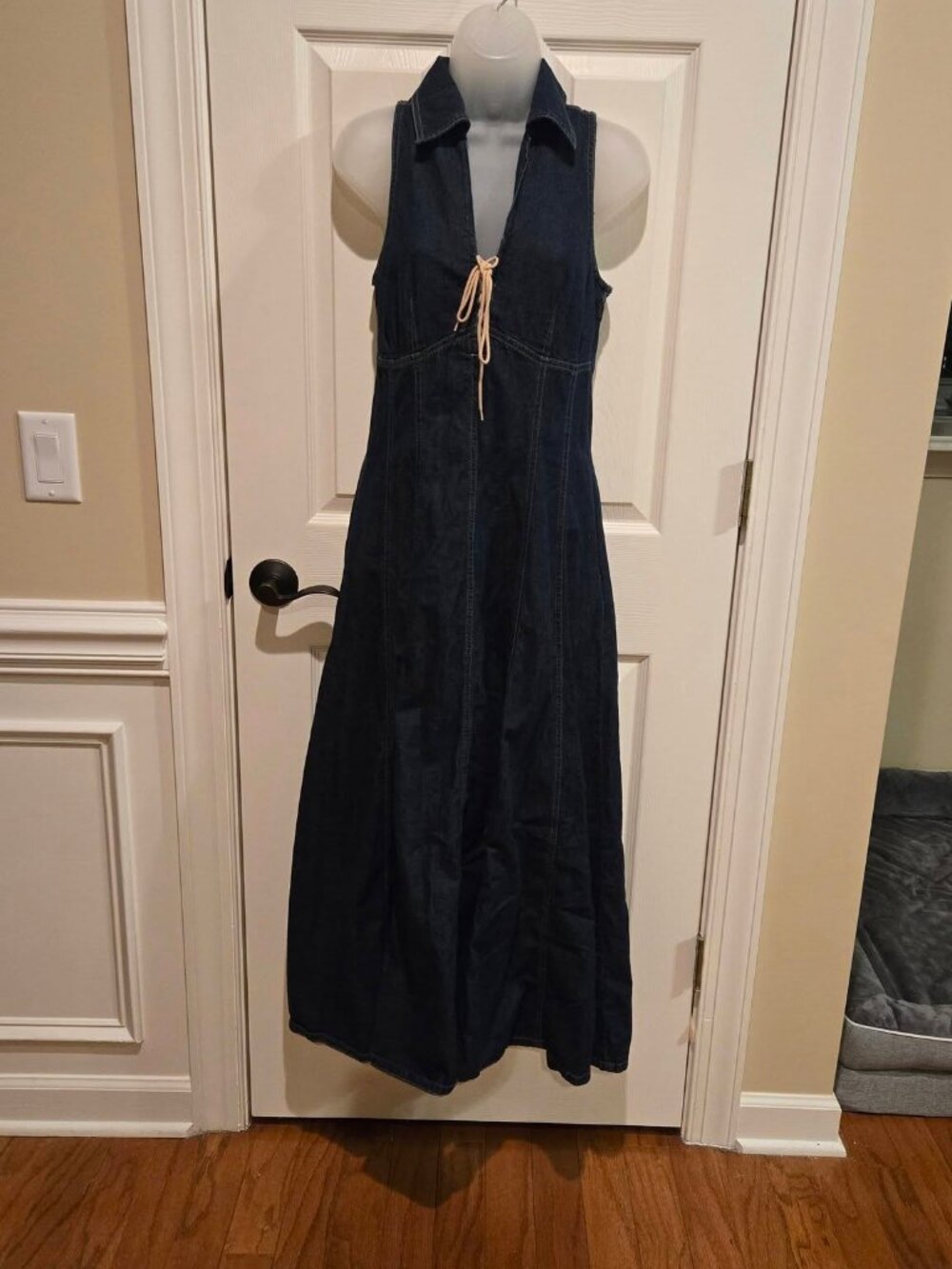 Vintage 90s Moda International Maxi Denim Lace Up Front Dress XS